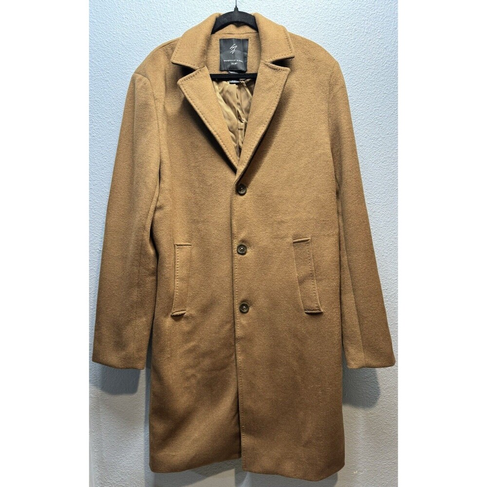 Mens Big & Tall Mid-Weight Tan Woven Peak Lapel Long Coat Shaquille ONeal LT